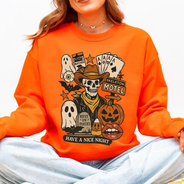 Retro Skeleton Motel Vintage Halloween Nostalgia Graphic Design Collective Edition Sweatshirt