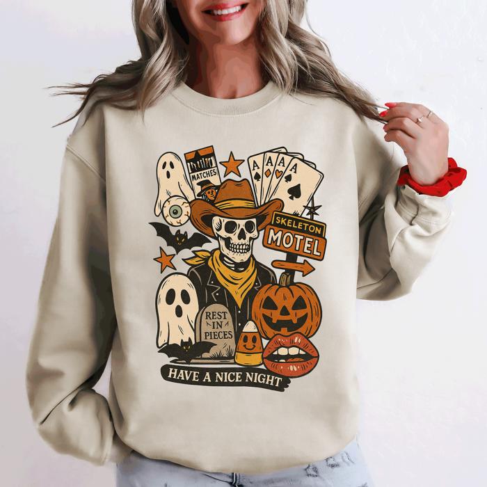 Retro Skeleton Motel Vintage Halloween Nostalgia Graphic Design Collective Edition Sweatshirt