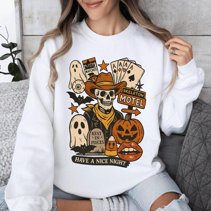 Retro Skeleton Motel Vintage Halloween Nostalgia Graphic Design Collective Edition Sweatshirt