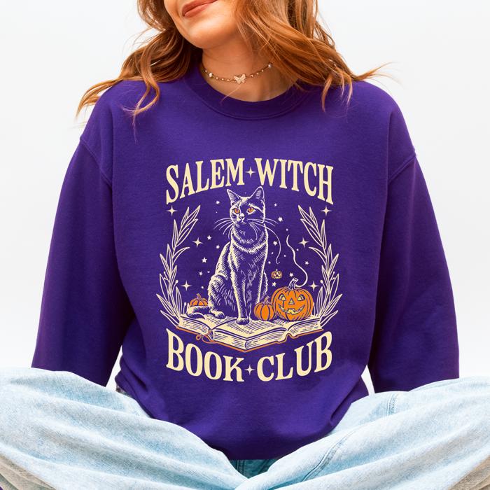Salem Book Club Cat Retro Classic Vintage Halloween Reading Books Deluxe Sweatshirt