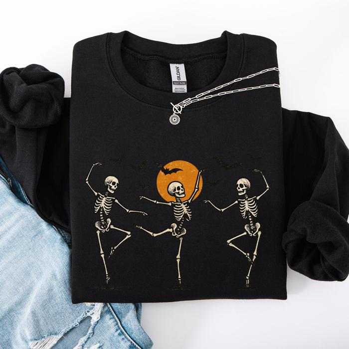 Skeleton Dancers Halloween Parade Vintage Moonlit Street Scene Cozy Retro Sweatshirt