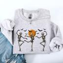 Medium Ash Light Gray Skeleton Dancers Halloween Parade Vintage Moonlit Street Scene Cozy Retro Sweatshirt