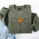 XXL Military Green Skeleton Dancers Halloween Parade Vintage Moonlit Street Scene Cozy Retro Sweatshirt