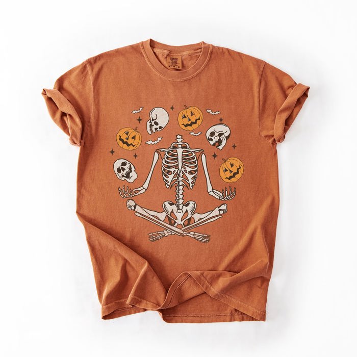 Skeleton Juggling Halloween Jack O Lantern Artwork Featuring Retro Vibes Comfort Colors Tee