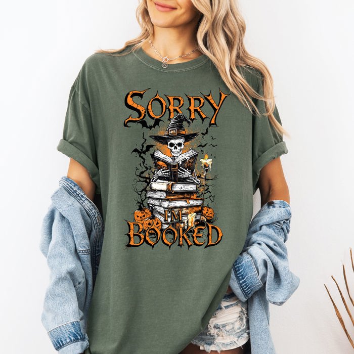Sorry I'm Booked Skeleton Halloween Library Reading Edition Exclusive Comfort Colors Tee
