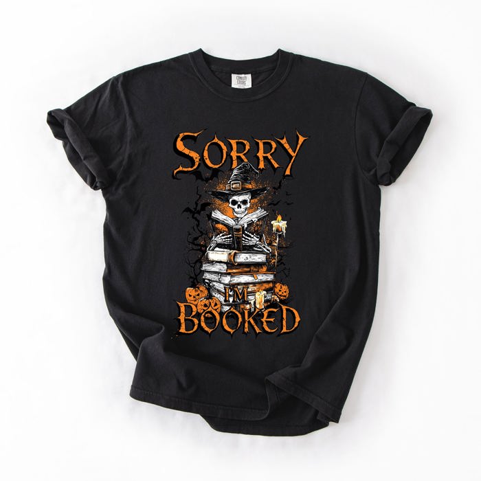 Sorry I'm Booked Skeleton Halloween Library Reading Edition Exclusive Comfort Colors Tee