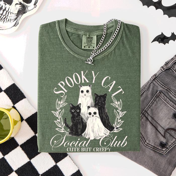 Spooky Cat Social Club Halloween Ghosts Witch Limited Edition Comfort Colors Tee
