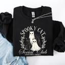 Medium Black Spooky Cat Social Club Halloween Ghosts Witch Cozy Fleece Printed Graphic Premium Comfort Edition Sweatshirt