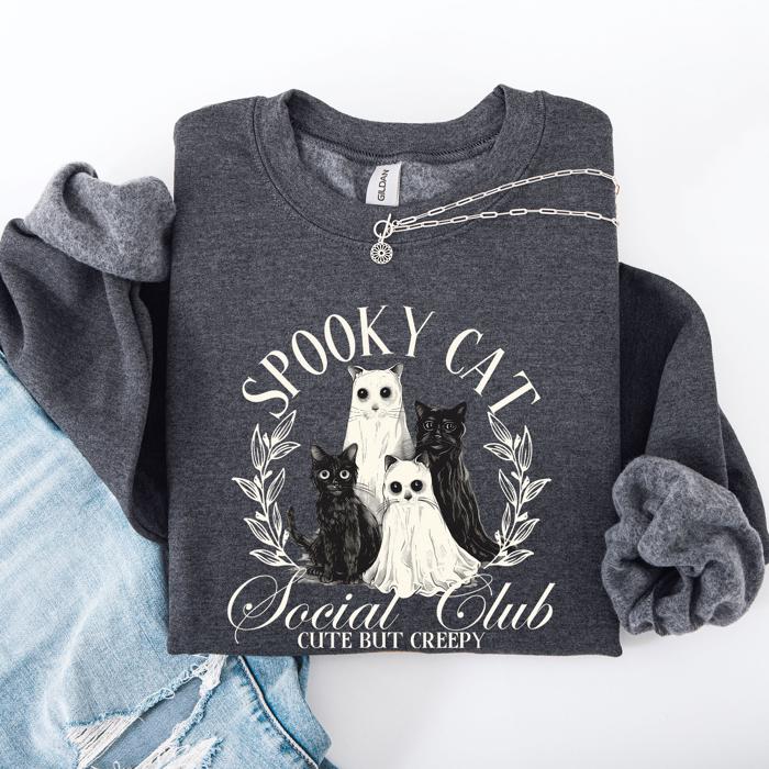 Spooky Cat Social Club Halloween Ghosts Witch Cozy Fleece Printed Graphic Premium Comfort Edition Sweatshirt