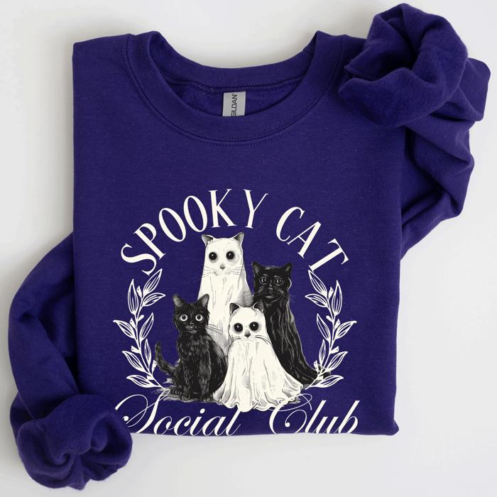 Spooky Cat Social Club Halloween Ghosts Witch Cozy Fleece Printed Graphic Premium Comfort Edition Sweatshirt