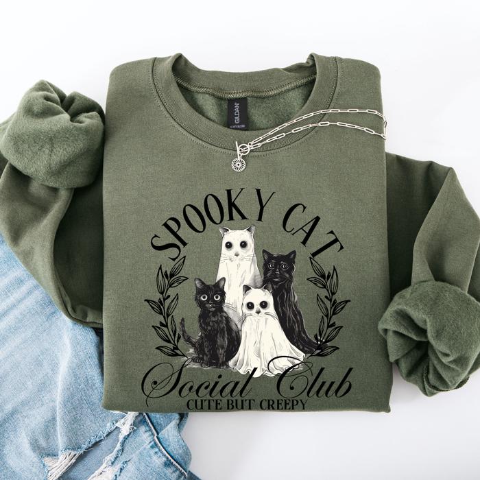 Spooky Cat Social Club Halloween Ghosts Witch Cozy Fleece Printed Graphic Premium Comfort Edition Sweatshirt