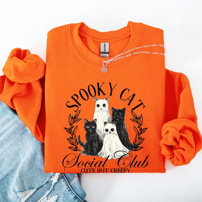 Spooky Cat Social Club Halloween Ghosts Witch Cozy Fleece Printed Graphic Premium Comfort Edition Sweatshirt