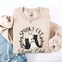 XXXL Sand Spooky Cat Social Club Halloween Ghosts Witch Cozy Fleece Printed Graphic Premium Comfort Edition Sweatshirt