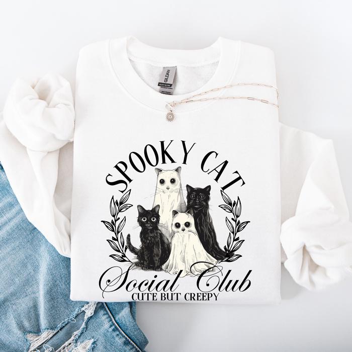 Spooky Cat Social Club Halloween Ghosts Witch Cozy Fleece Printed Graphic Premium Comfort Edition Sweatshirt
