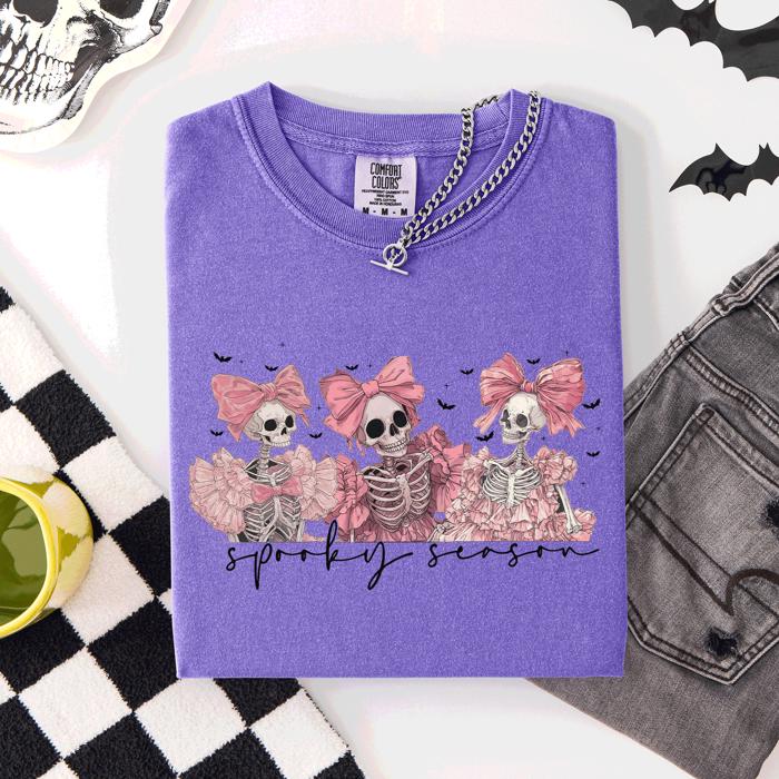 Spooky Season Skeletons Coquette Ribbon Bows Halloween Graphic Comfort Colors Tee