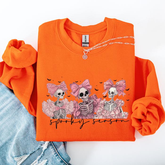 Spooky Season Pink Skeletons Coquette Ribbon Bows Halloween Gothic Whimsy Sweatshirt
