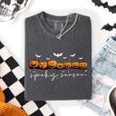 Medium Pepper Dark Gray Spooky Season Pumpkins Halloween Pink Skeletons With Bow Adornments Comfort Colors Tee