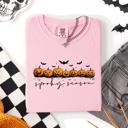 Medium Blossom Light Pink Spooky Season Pumpkins Halloween Pink Skeletons With Bow Adornments Comfort Colors Tee
