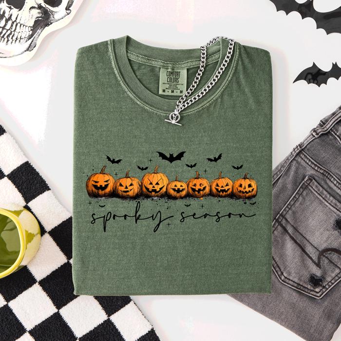 Spooky Season Pumpkins Halloween Pink Skeletons With Bow Adornments Comfort Colors Tee