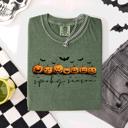 Large Moss Dark Green Spooky Season Pumpkins Halloween Pink Skeletons With Bow Adornments Comfort Colors Tee