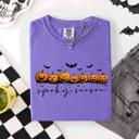 Large Violet Purple Spooky Season Pumpkins Halloween Pink Skeletons With Bow Adornments Comfort Colors Tee
