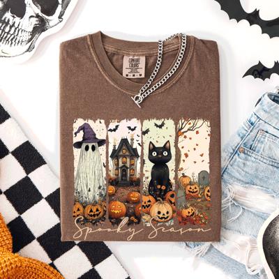 Spooky Season Stripes Halloween Cat Ghost Pumpkins Autumn Fall Comfort Colors Tee