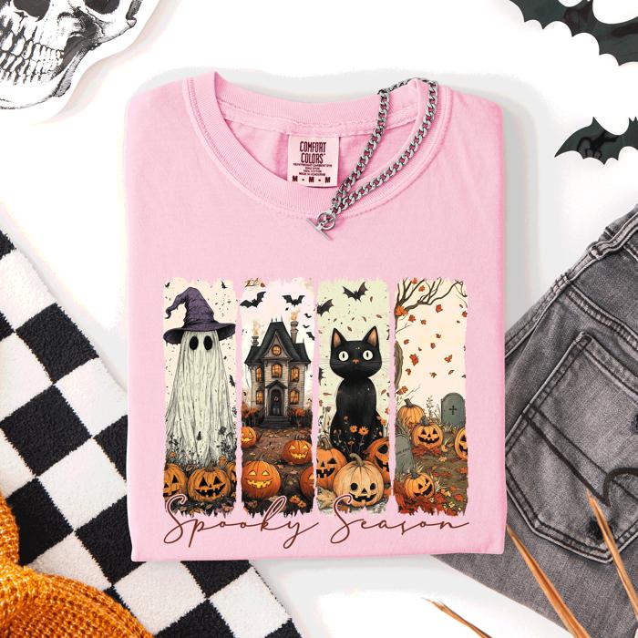 Spooky Season Stripes Halloween Cat Ghost Pumpkins Autumn Fall Comfort Colors Tee