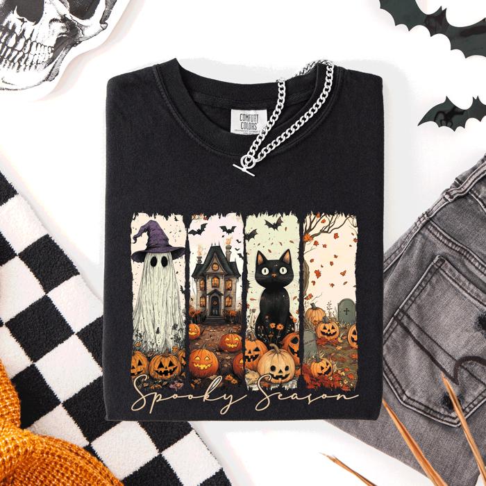 Spooky Season Stripes Halloween Cat Ghost Pumpkins Autumn Fall Comfort Colors Tee