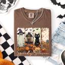 Small Espresso Spooky Season Stripes Halloween Cat Ghost Pumpkins Autumn Fall Comfort Colors Tee