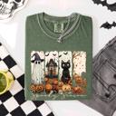 Small Moss Dark Green Spooky Season Stripes Halloween Cat Ghost Pumpkins Autumn Fall Comfort Colors Tee