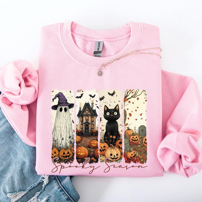 Spooky Season Striped Halloween Cat Ghost Pumpkins Autumn Cozy Classic Sweatshirt