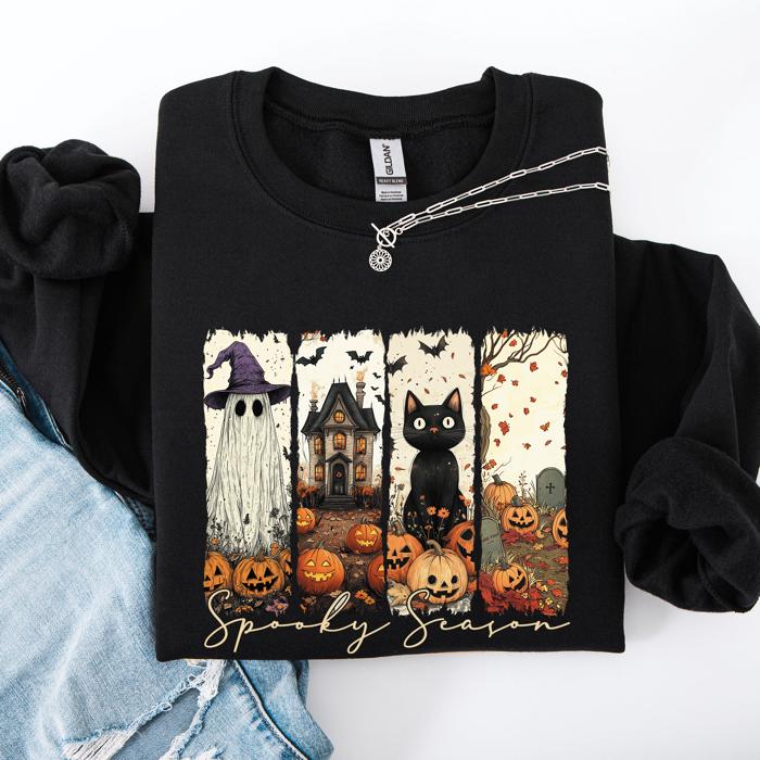 Spooky Season Striped Halloween Cat Ghost Pumpkins Autumn Cozy Classic Sweatshirt
