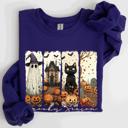Large Purple Spooky Season Striped Halloween Cat Ghost Pumpkins Autumn Cozy Classic Sweatshirt