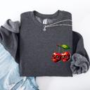 Small Dark Gray Heather Spooky Skull Cherries Halloween Skeleton Stars Night Sky Ghosts Haunted Festival Scene Sweatshirt