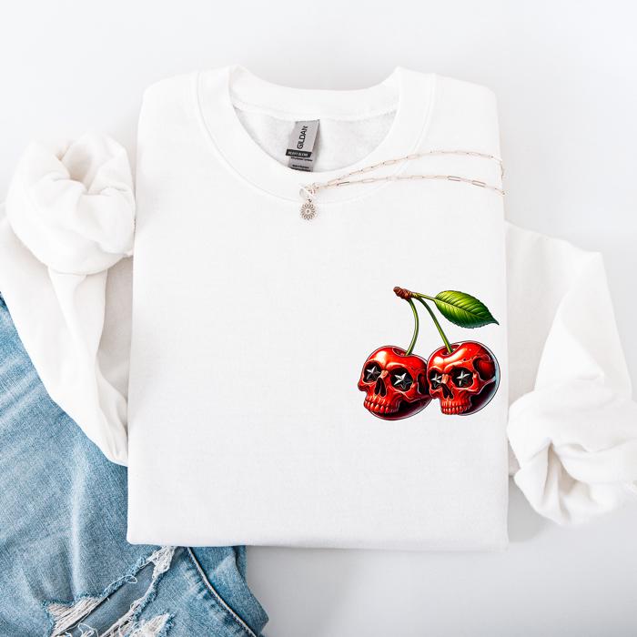 Spooky Skull Cherries Halloween Skeleton Stars Night Sky Ghosts Haunted Festival Scene Sweatshirt