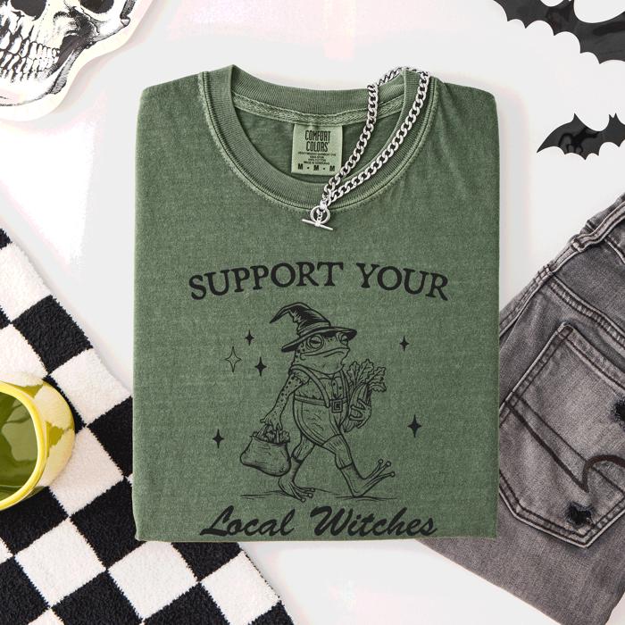 Support Your Local Witches Frog Halloween Witch Spooky Season Graphic Design Edition Comfort Colors Tee