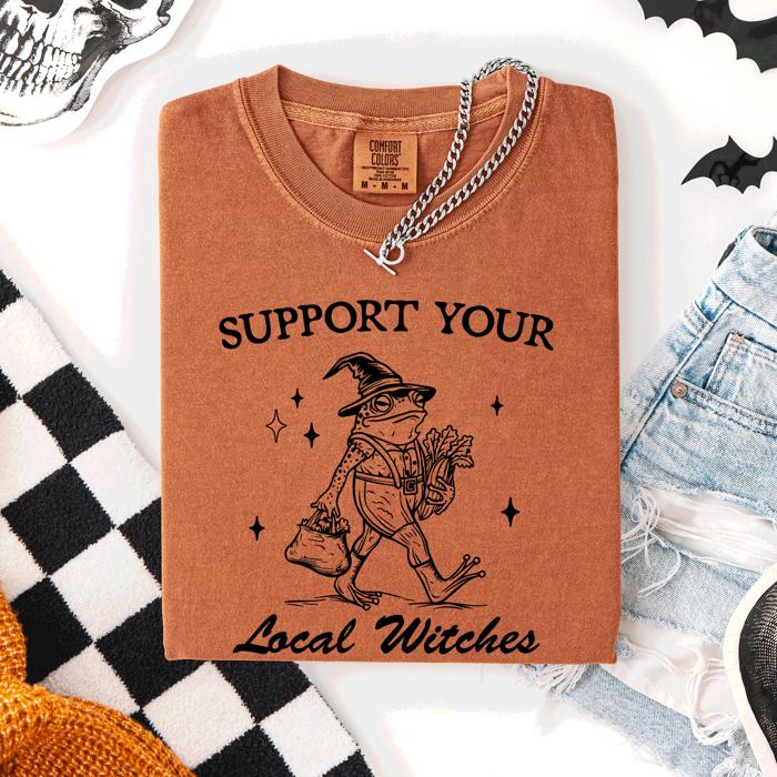 Support Your Local Witches Frog Halloween Witch Spooky Season Graphic Design Edition Comfort Colors Tee