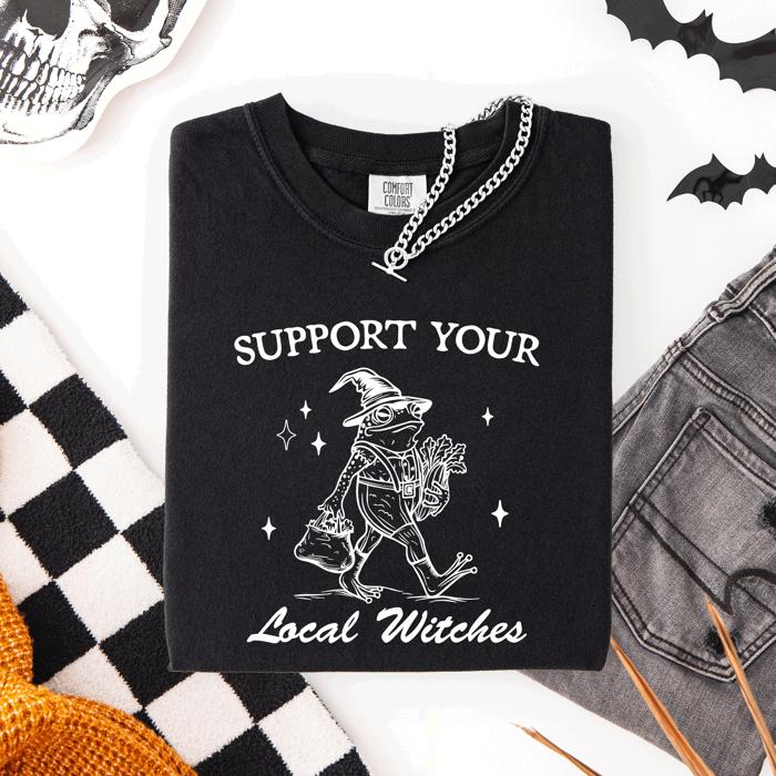 Support Your Local Witches Frog Halloween Witch Spooky Season Graphic Design Edition Comfort Colors Tee