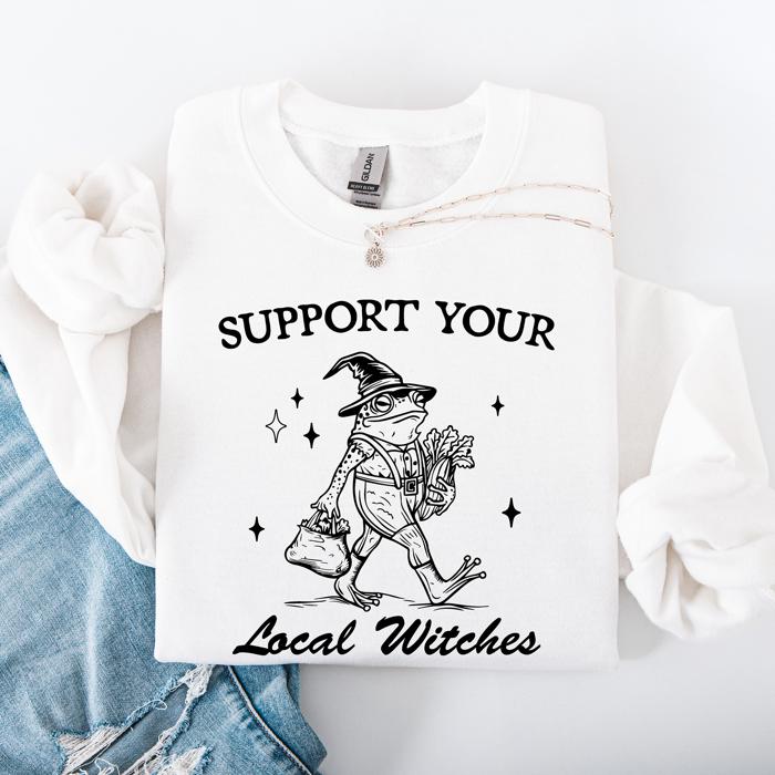 Support Your Local Witches Frog Halloween Witch Design Cozy Autumn Themed Sweatshirt