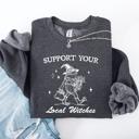 Small Dark Gray Heather Support Your Local Witches Frog Halloween Witch Design Cozy Autumn Themed Sweatshirt