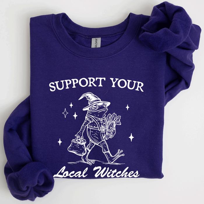Support Your Local Witches Frog Halloween Witch Design Cozy Autumn Themed Sweatshirt