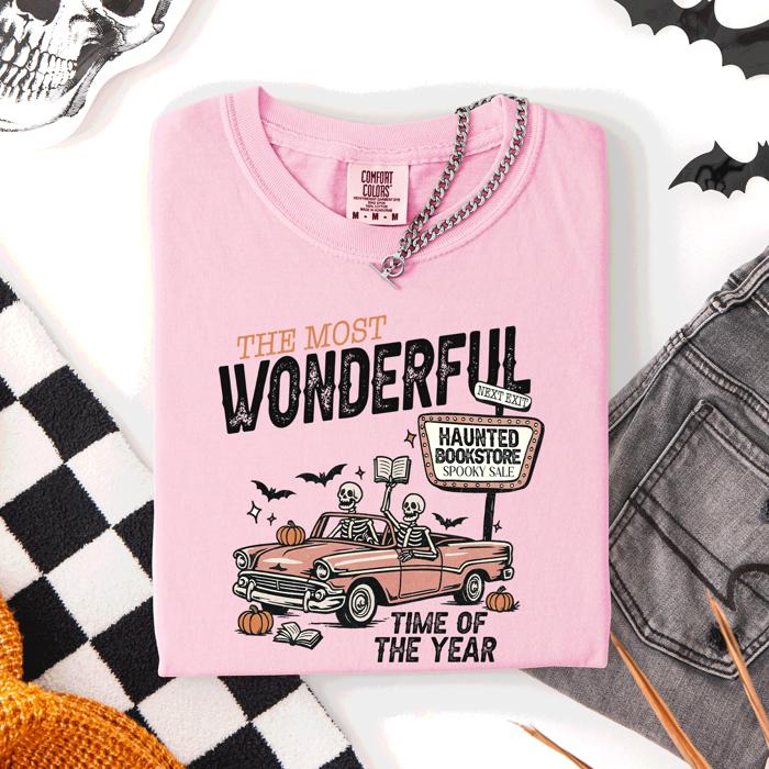 The Most Wonderful Time Of The Year Reading Skeleton Halloween Haunted Library Comfort Colors Tee