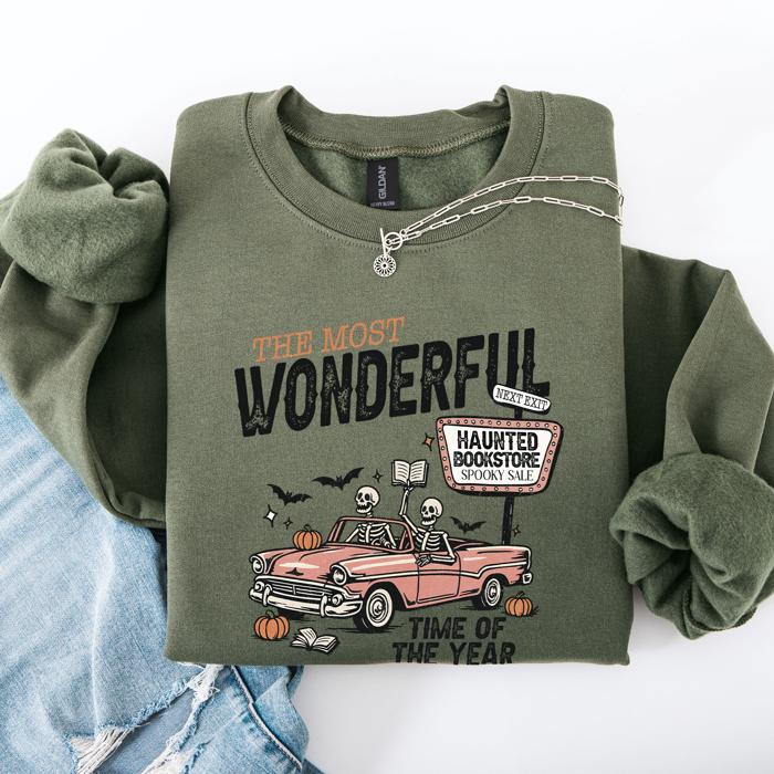 The Most Wonderful Time Of The Year Reading Skeleton Halloween Haunted Library Sweatshirt