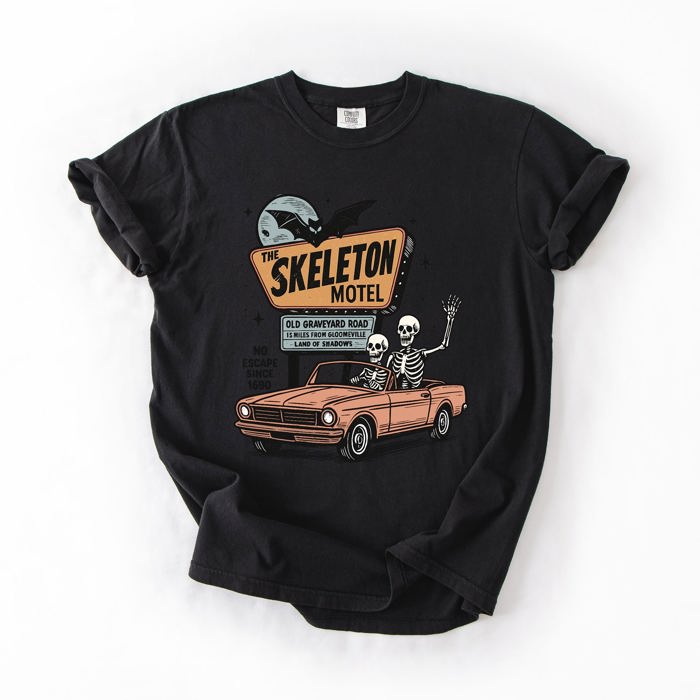 The Skeleton Motel Reading Skeletons Spooky Halloween Graphic Comfort Colors Tee