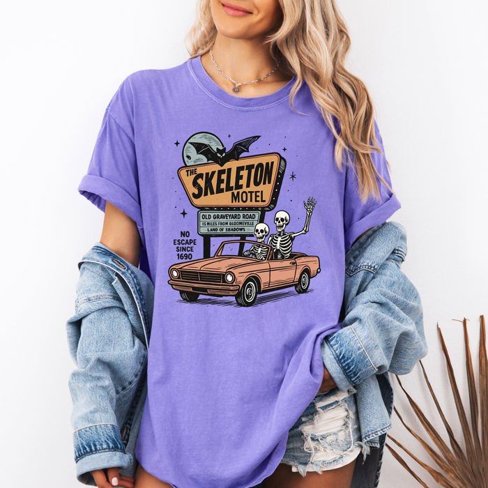 The Skeleton Motel Reading Skeletons Spooky Halloween Graphic Comfort Colors Tee