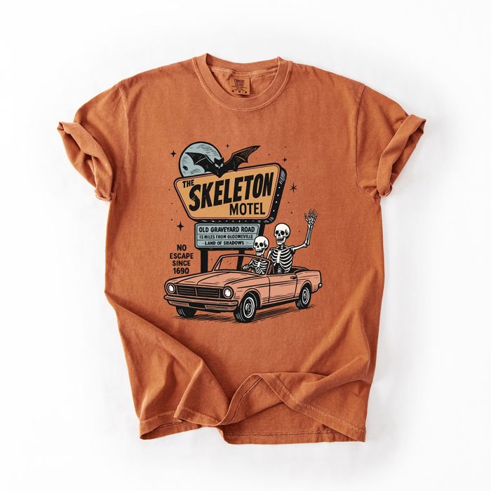 The Skeleton Motel Reading Skeletons Spooky Halloween Graphic Comfort Colors Tee