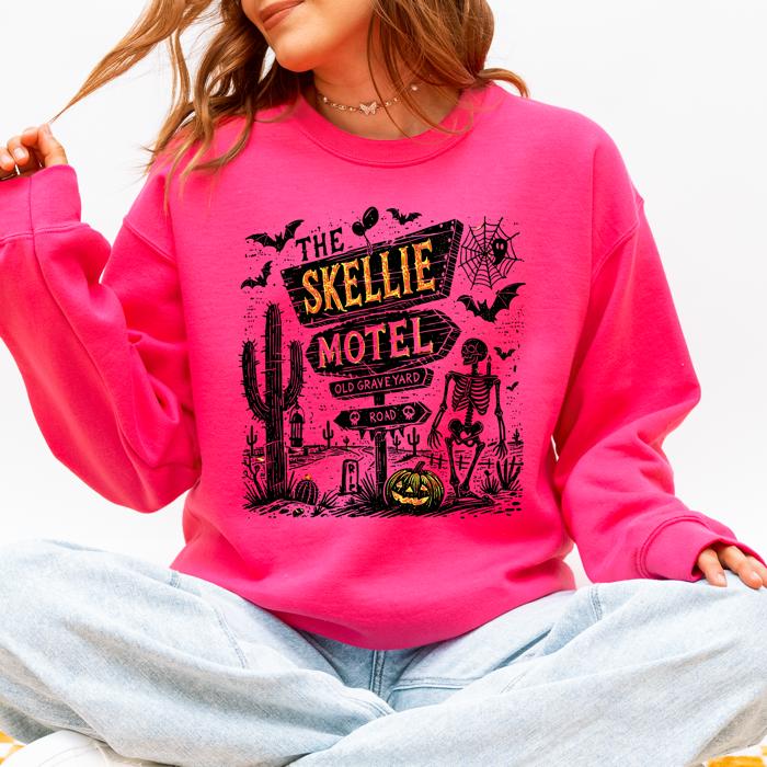 The Skellie Motel Skeleton Halloween Night Haunting Edition With Spooky Vibes And Retro Motel Aesthetic Sweatshirt