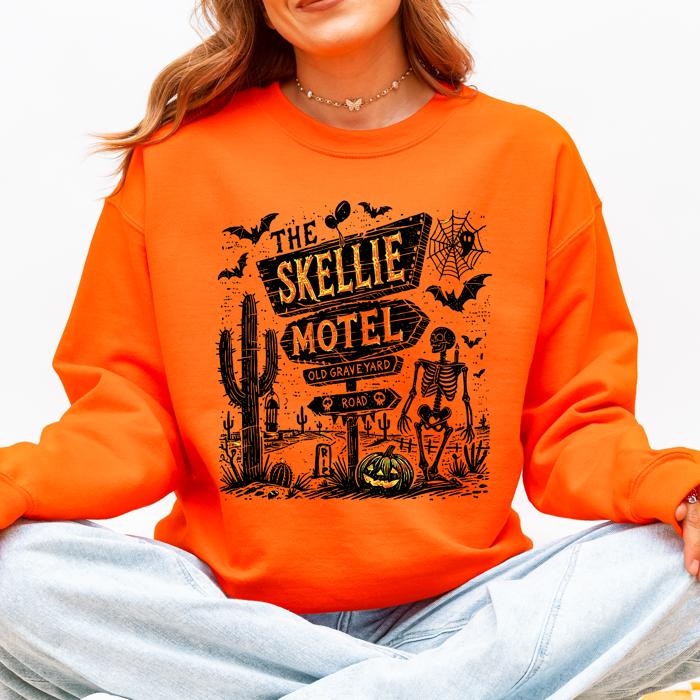 The Skellie Motel Skeleton Halloween Night Haunting Edition With Spooky Vibes And Retro Motel Aesthetic Sweatshirt