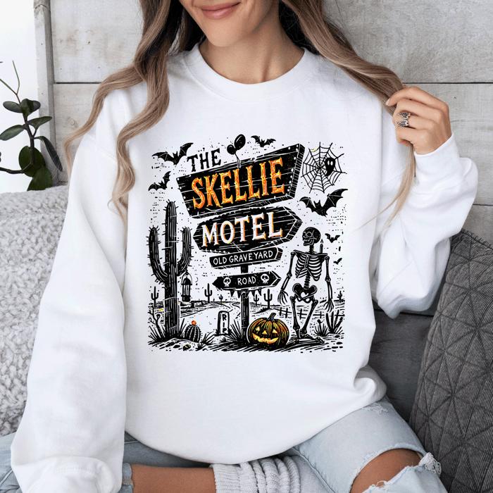 The Skellie Motel Skeleton Halloween Night Haunting Edition With Spooky Vibes And Retro Motel Aesthetic Sweatshirt