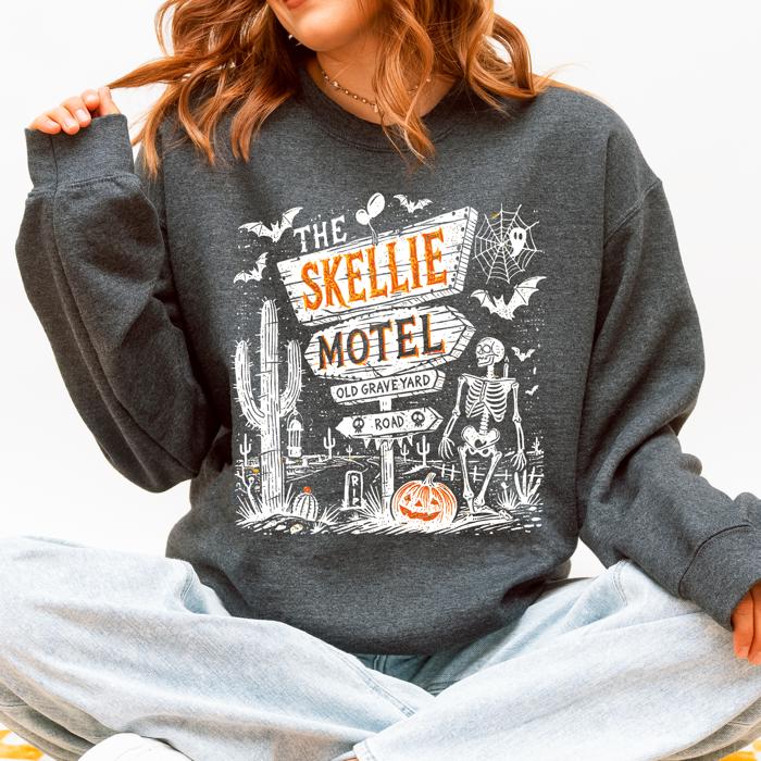 The Skellie Motel Skeleton Halloween Night Haunting Edition With Spooky Vibes And Retro Motel Aesthetic Sweatshirt